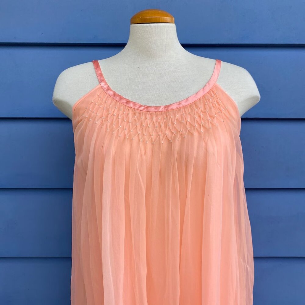 Vintage Sleep Wear Night Gown Lingerie Dress Peachy Pink Nylon SMALL